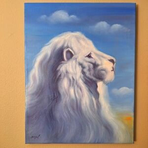 Original Oil Painting Majestic White Lion Art Canvas 11"x14"